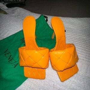 Bottega Veneta Bright Orange Intrecciato Lido Heeled Sandals